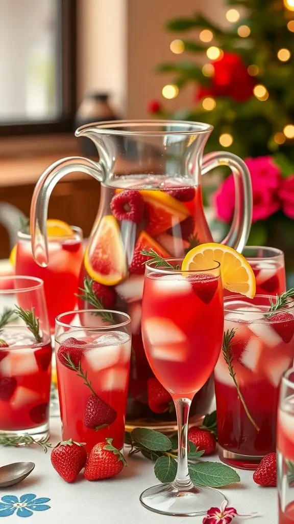 A pitcher of rose sangria with fresh fruits, surrounded by glasses filled with the drink, garnished with strawberries and rosemary.