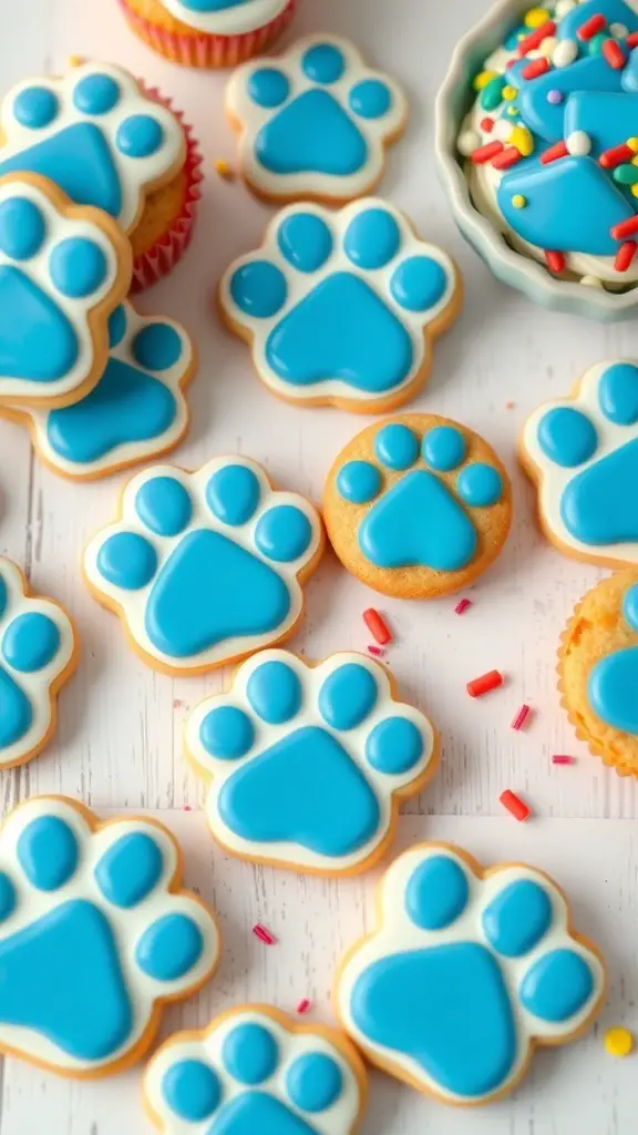 Bluey inspired snacks including paw print cookies and colorful cupcakes