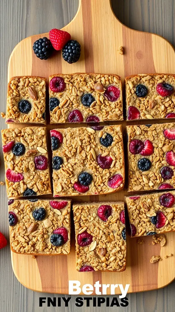 Homemade berry and nut granola bars cut into squares, displayed on a wooden cutting board.