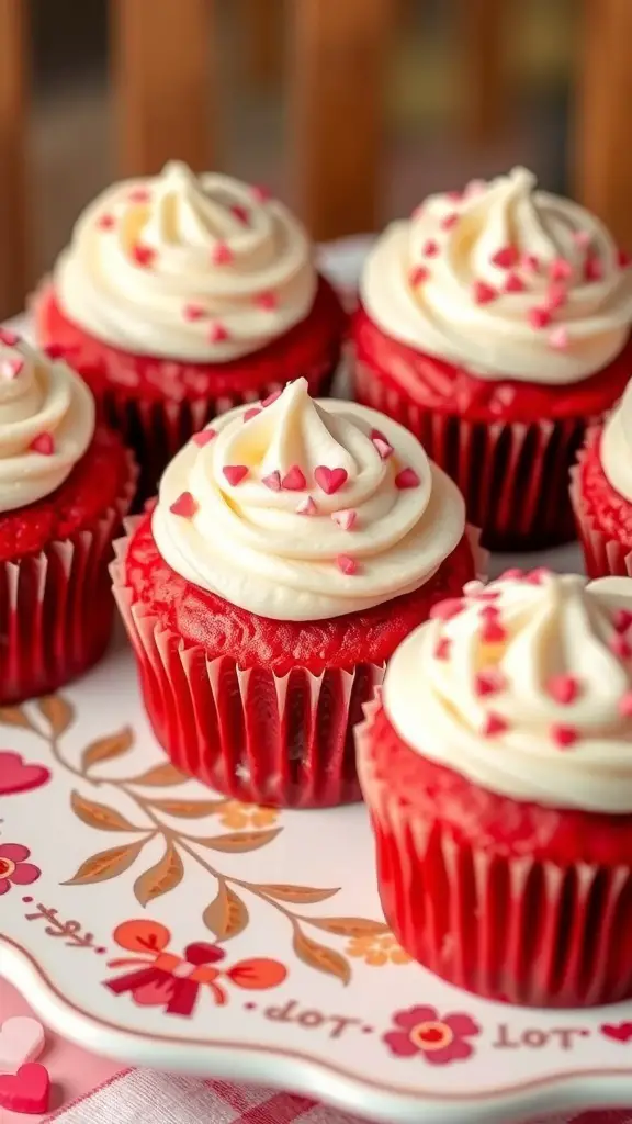 Red velvet cupcakes with cream cheese frosting and heart sprinkles on a decorative plate.