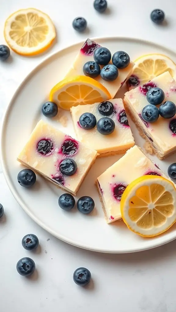 Plate of lemon blueberry cheesecake bars with fresh blueberries and lemon slices