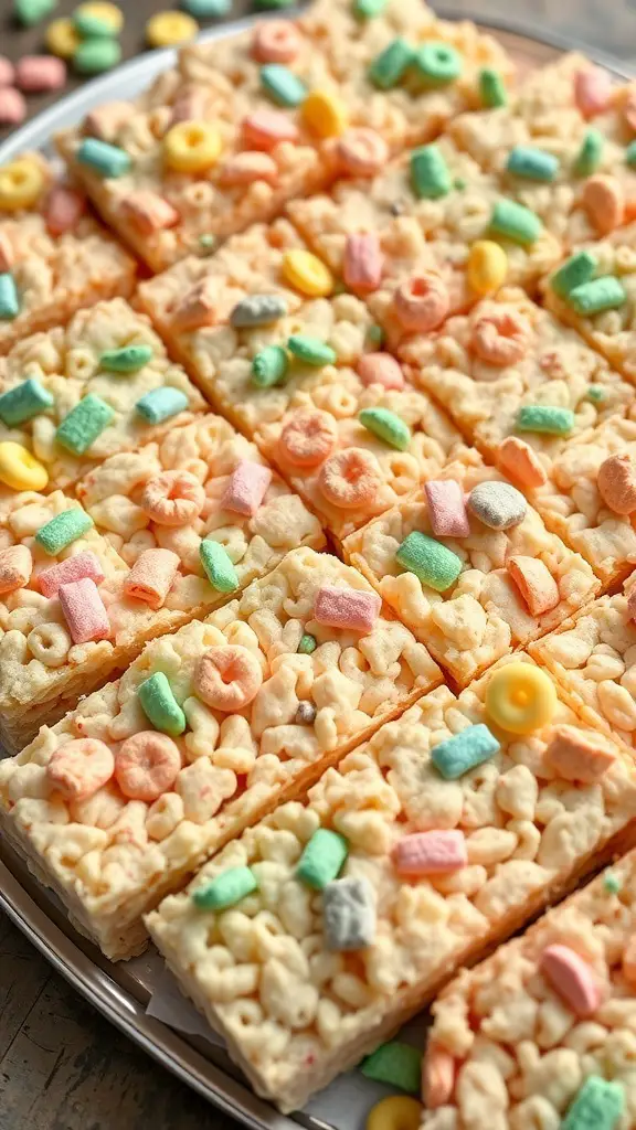 A tray of Lucky Charm Rice Krispie Treats topped with colorful marshmallows and cereal.