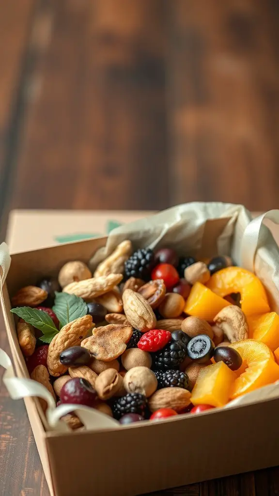 A beautifully arranged box filled with a variety of fresh fruits and nuts.