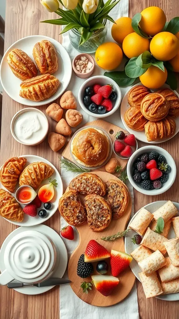 A beautifully arranged brunch grazing table with pastries, fruits, and dips.