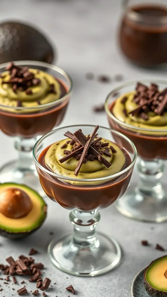 Three glasses of chocolate avocado mousse topped with chocolate shavings, with avocado halves in the foreground.