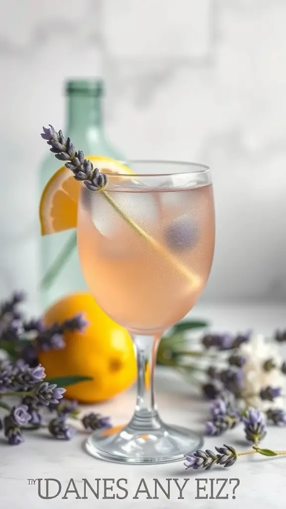 A Lavender Lemon Gin Fizz cocktail garnished with lavender and lemon, with a bottle in the background.