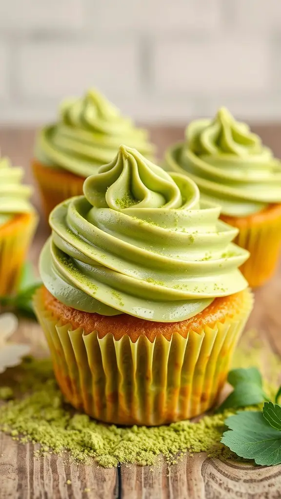 Matcha green tea cupcakes with swirled frosting and matcha powder