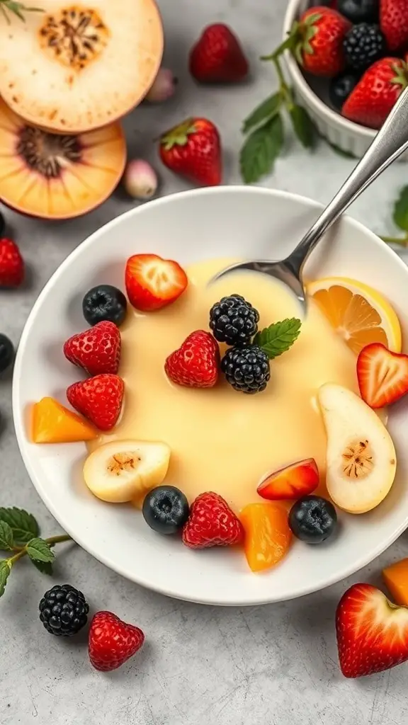 A bowl of zabaglione topped with fresh seasonal fruits including strawberries, blueberries, blackberries, and pear slices.