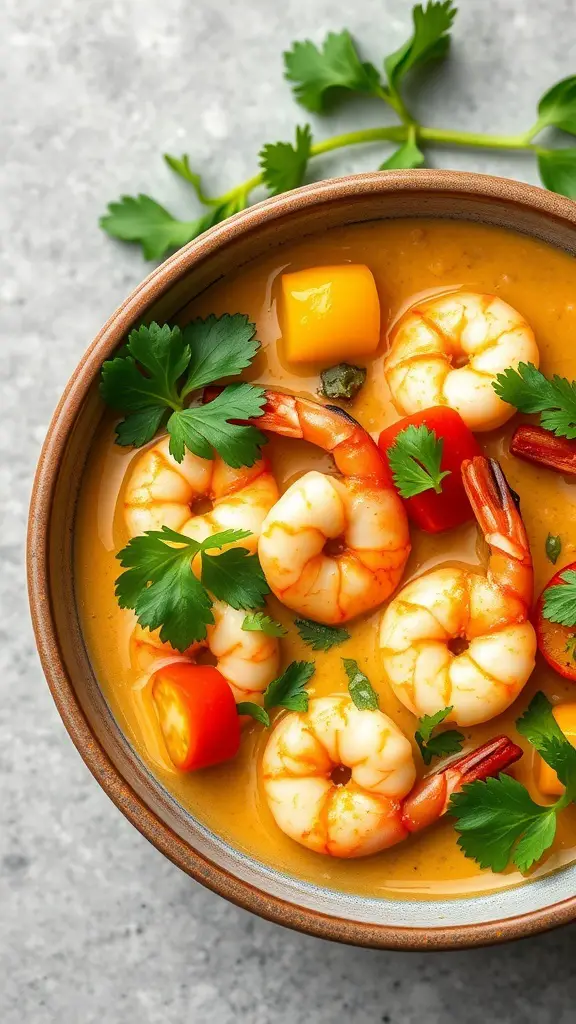 A bowl of Coconut Curry Shrimp with shrimp, coconut milk, and colorful vegetables garnished with cilantro.