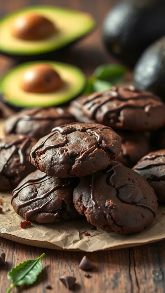 A plate of chocolate avocado cookies with fresh avocados in the background.