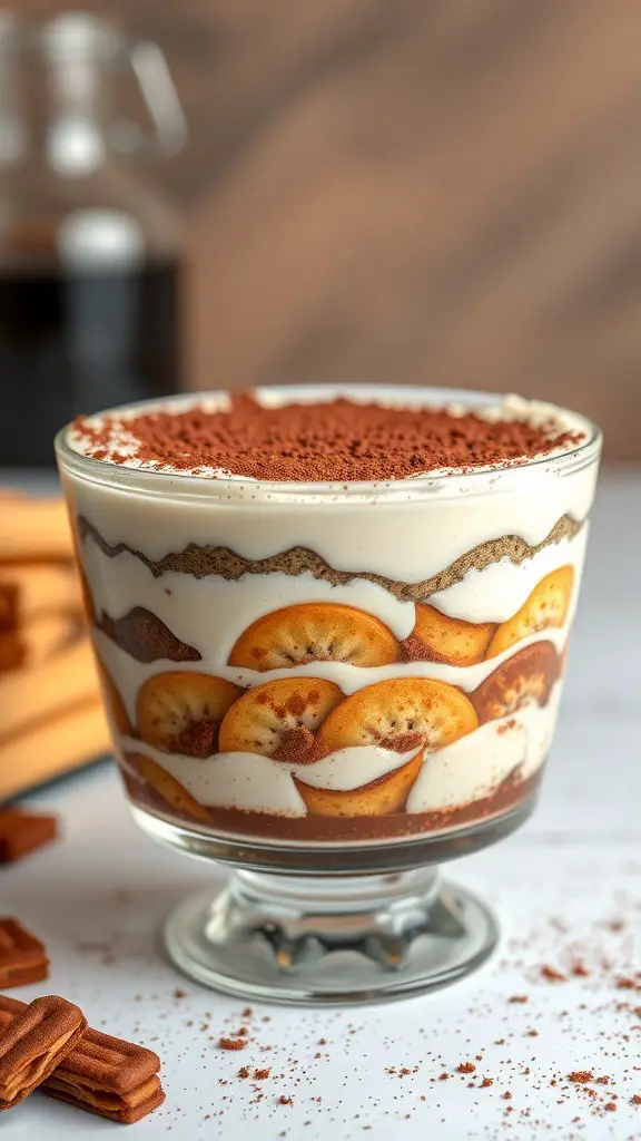 A glass dish of classic tiramisu with layers of coffee-soaked ladyfingers and mascarpone cheese, topped with cocoa powder.