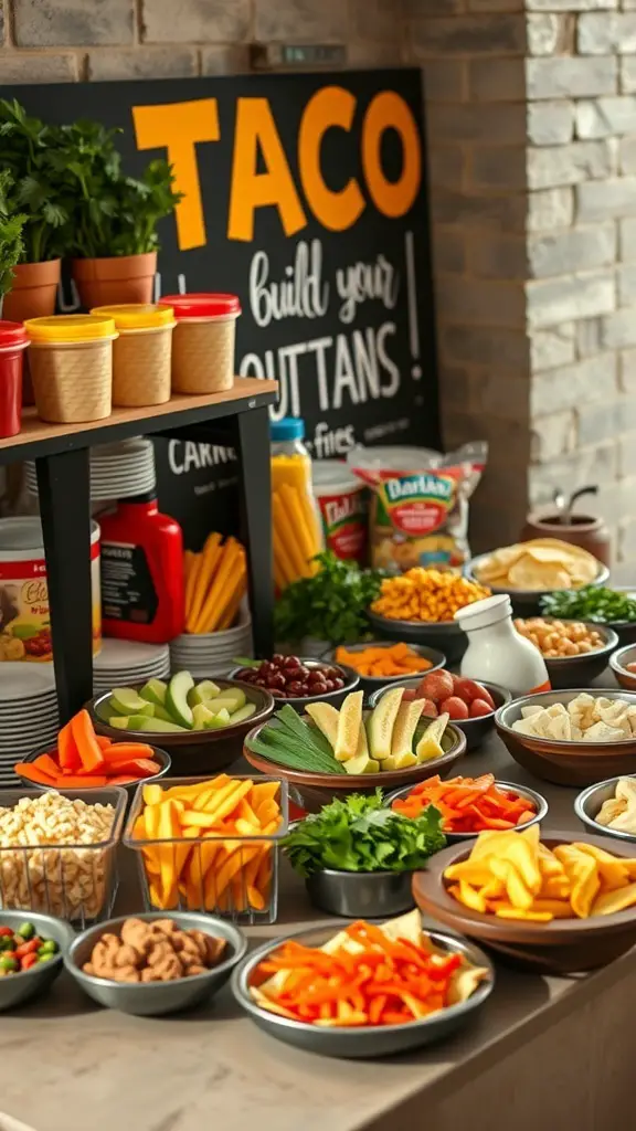 A colorful taco bar setup with various ingredients for kids to build their own tacos.