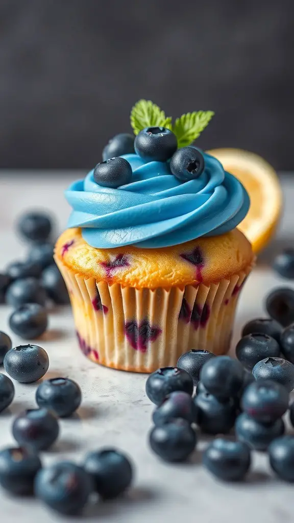 A delicious lemon blueberry cupcake topped with blue frosting and fresh blueberries.