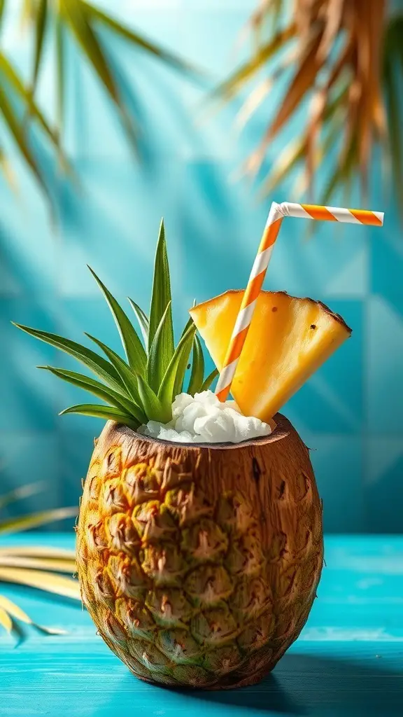 A tropical pineapple coconut mocktail served in a pineapple with a straw and garnished with a slice of pineapple.