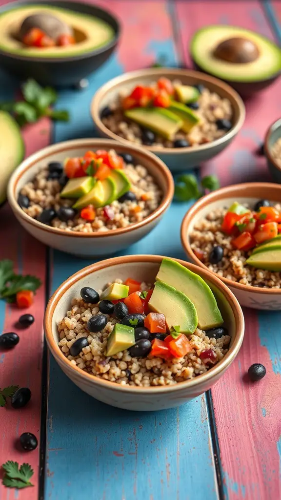 Mini quinoa and black bean bowls with avocado and tomatoes on a colorful table