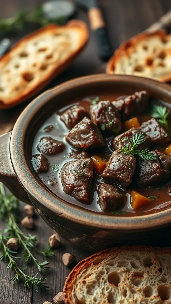 A bowl of stout beef stew with chunks of beef and vegetables, surrounded by fresh herbs and slices of bread.