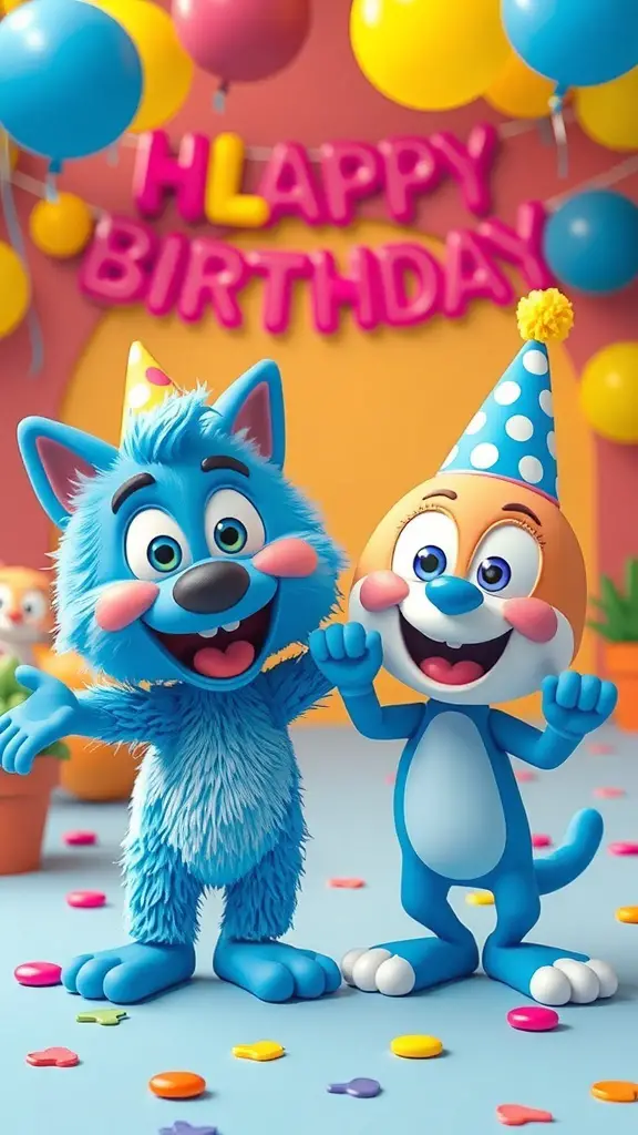 Colorful Bluey-themed birthday party invitations with balloons and characters.