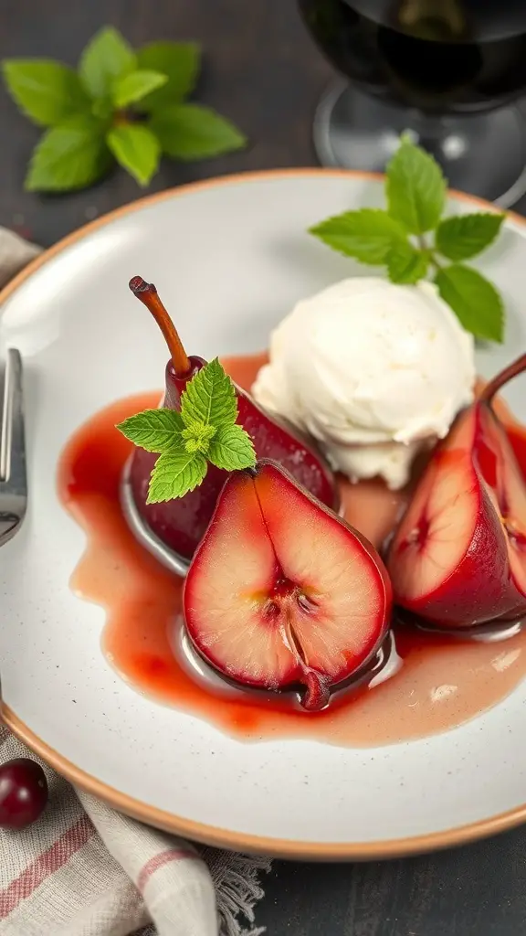 A plate of red wine poached pears served with ice cream and mint leaves.