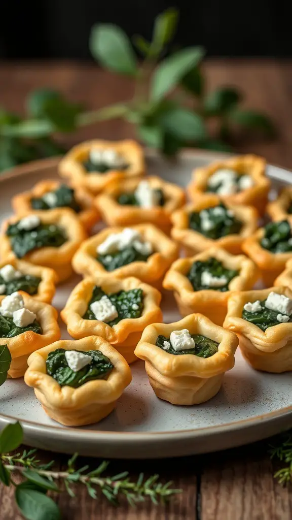 Savory spinach and feta puff pastry bites arranged on a plate