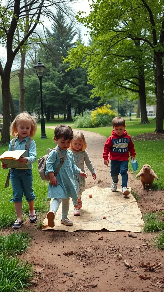 Children participating in a treasure hunt with a map in a park