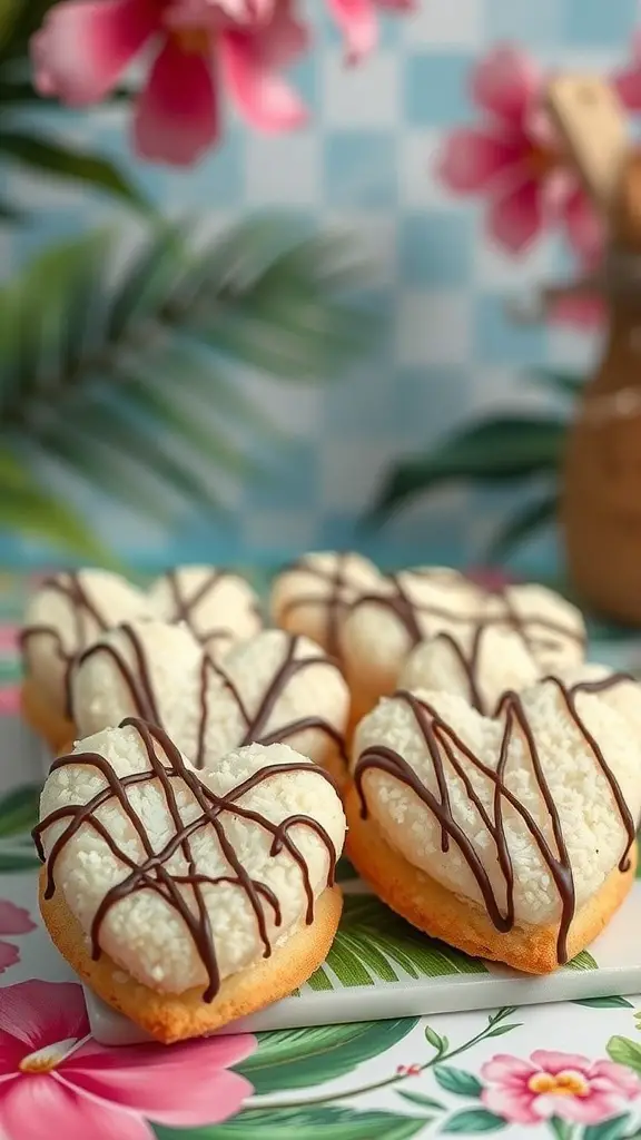 Heart-shaped coconut macaroon cookies drizzled with chocolate on a colorful floral background.