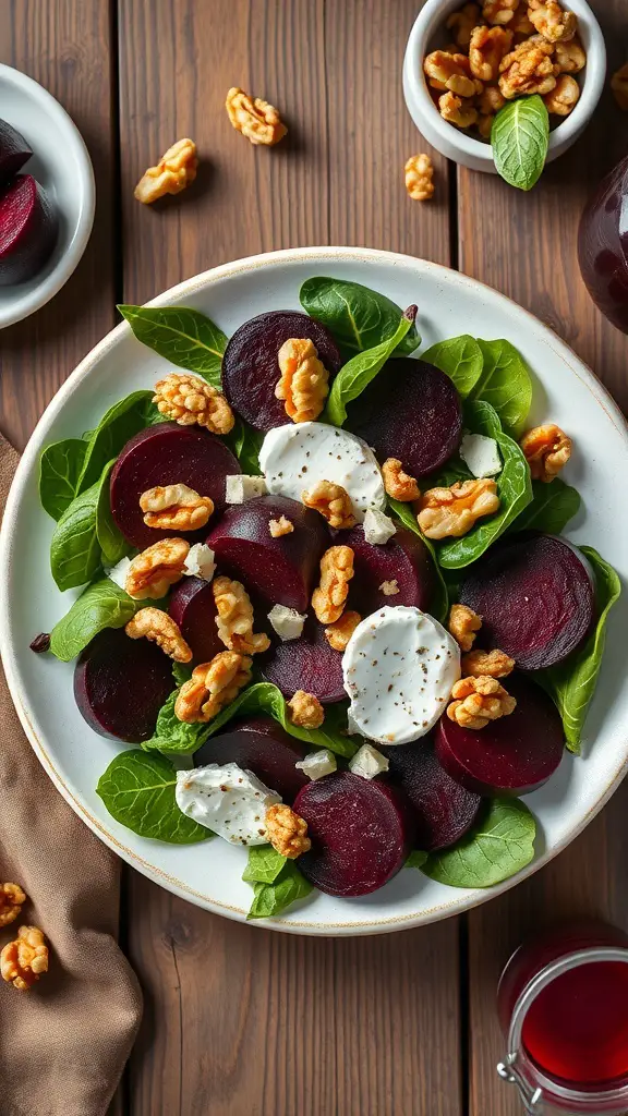 A vibrant roasted beet and goat cheese salad with spinach and walnuts on a wooden table.