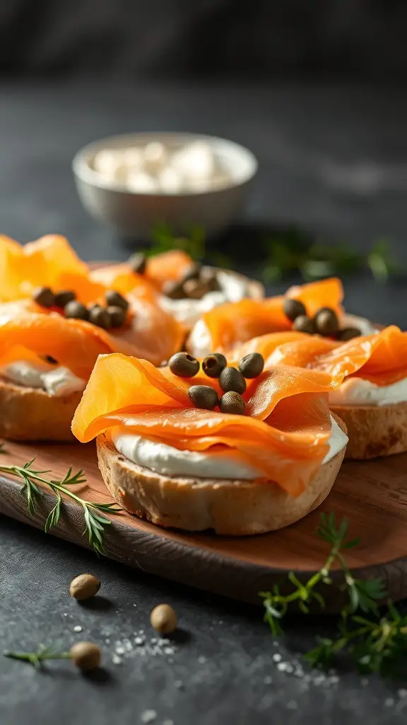 Smoked salmon and cream cheese bagels on a wooden board, garnished with capers and herbs.