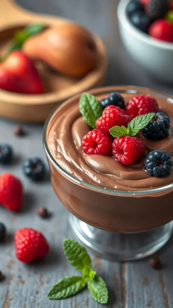 A bowl of chocolate avocado mousse topped with fresh berries and mint leaves.