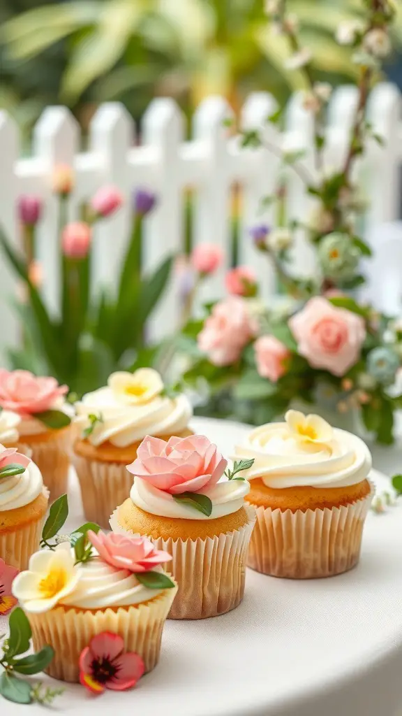 Beautiful floral cupcakes with pink and yellow flowers on top, set against a garden backdrop.