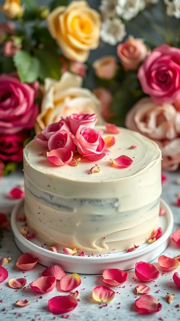 A beautifully decorated Pistachio Rose Water Cake surrounded by colorful rose petals.