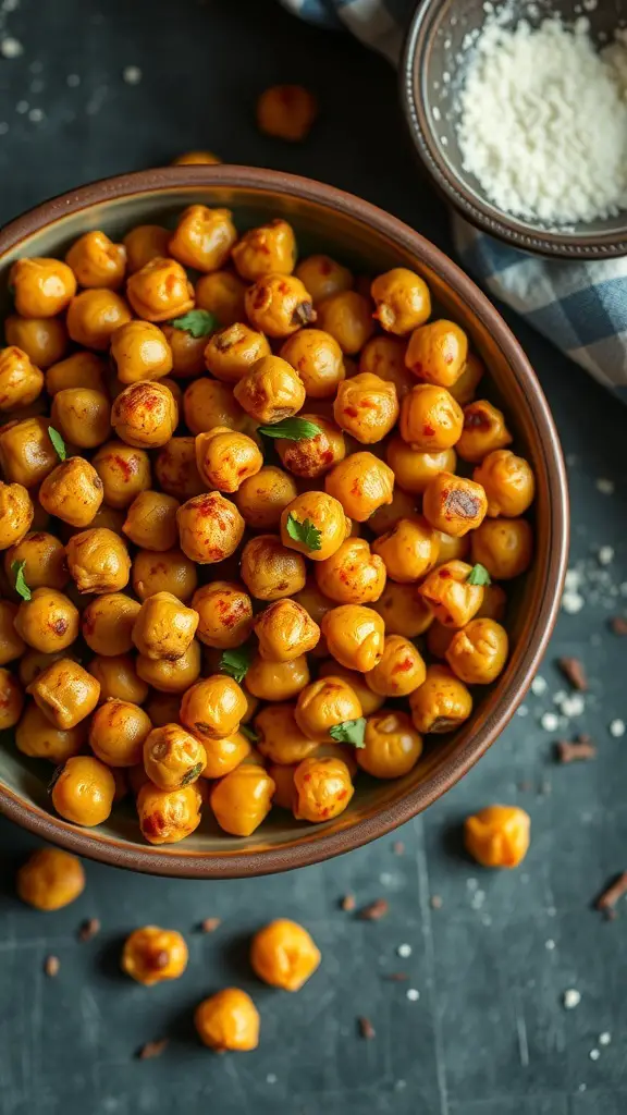 A bowl of crispy roasted chickpeas with spices and herbs