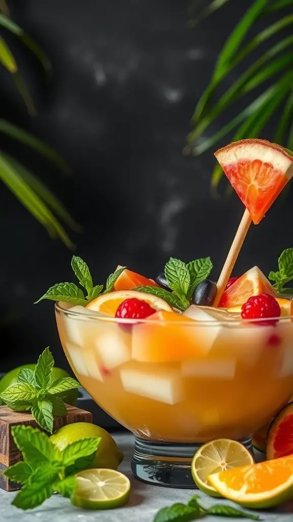 A colorful bowl of Lime and Coconut Punch with fruits and mint leaves