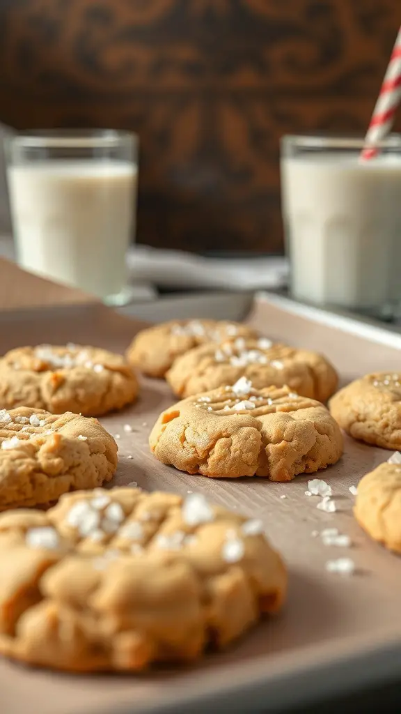 A plate of peanut butter cookies with sea salt, accompanied by glasses of milk.