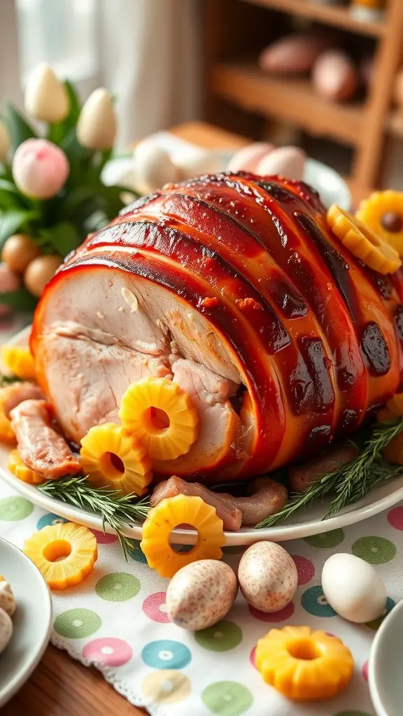 A beautifully glazed ham with pineapple slices, garnished with herbs, on a festive table.