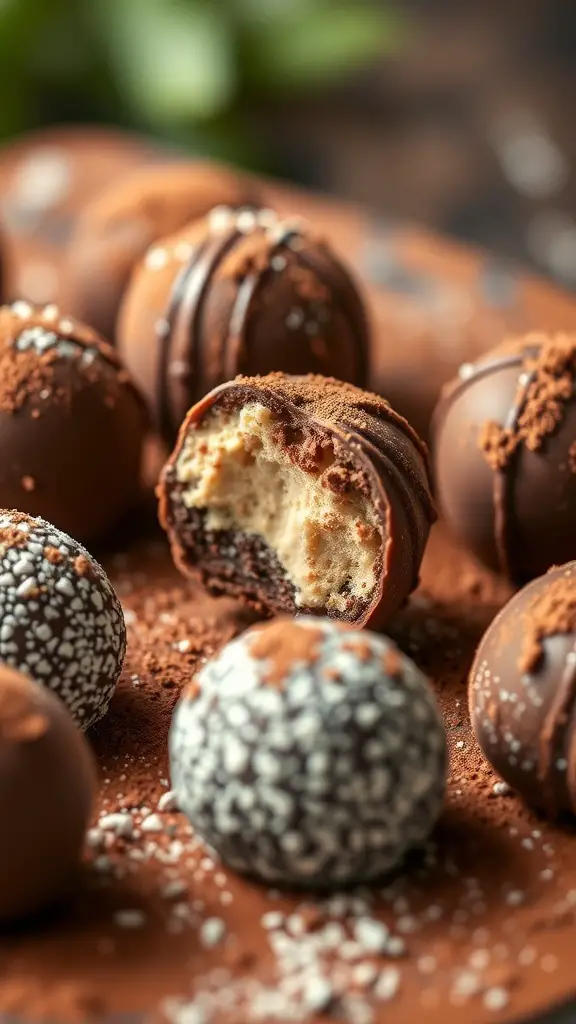 A close-up of Irish cream truffles, some coated in chocolate and others in cocoa powder, with one truffle showing a bite taken out.