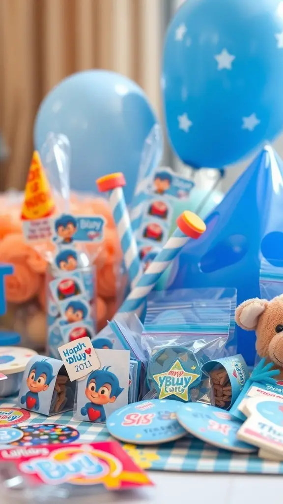 A collection of Bluey-themed party favors including balloons, snacks, and toys.