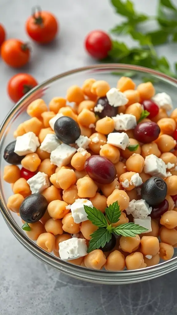 A bowl of chickpea salad with feta cheese and olives, garnished with mint leaves.