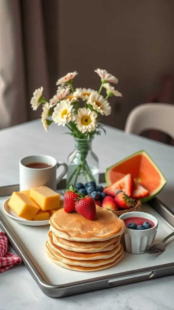 A breakfast tray with pancakes, fruits, cheese, and flowers, perfect for Mother's Day.