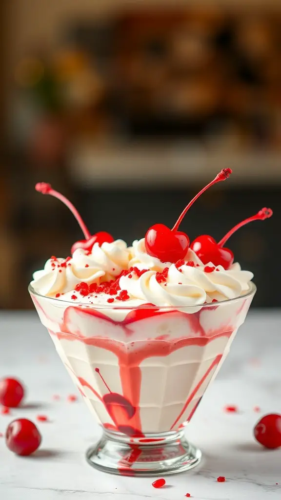 A heart-shaped ice cream sundae topped with whipped cream and cherries.