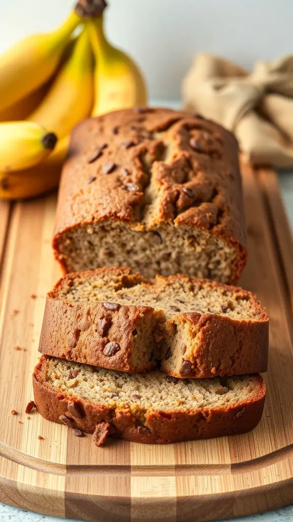 A loaf of sugar-free banana bread sliced on a wooden board with bananas in the background.