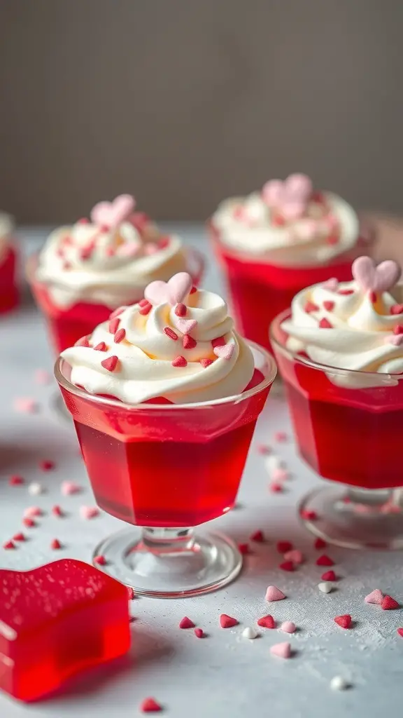 Red Jello cups topped with whipped cream and heart-shaped sprinkles