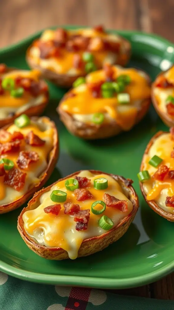 Mini Irish Potato Skins topped with cheese, bacon, and green onions on a green plate.