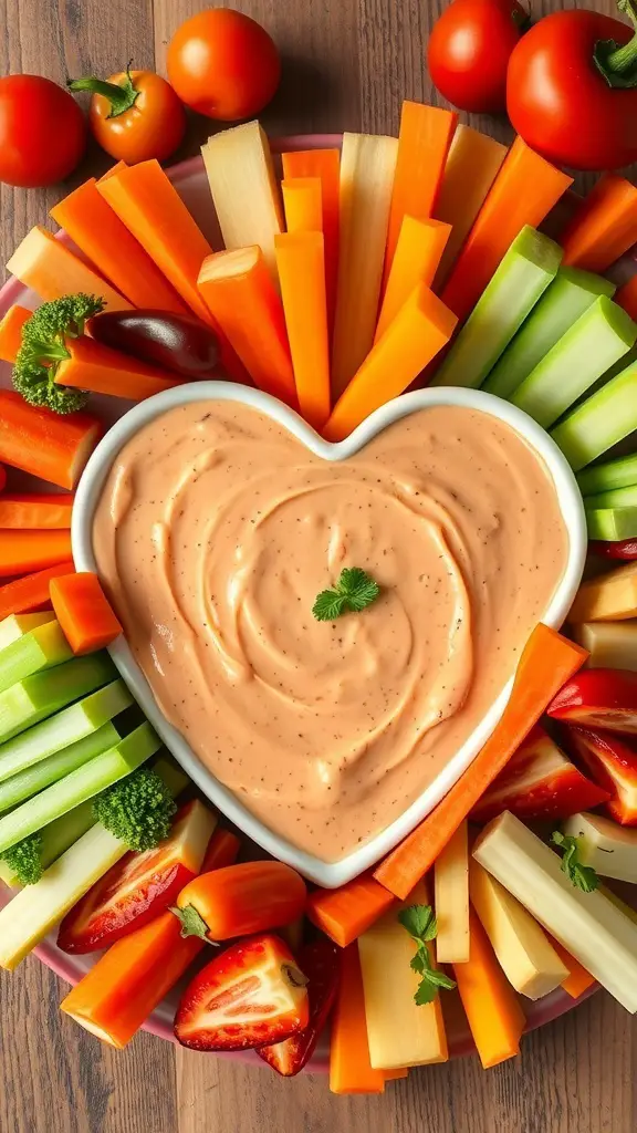 A heart-shaped veggie platter with colorful vegetables and a heart-shaped bowl of dip.