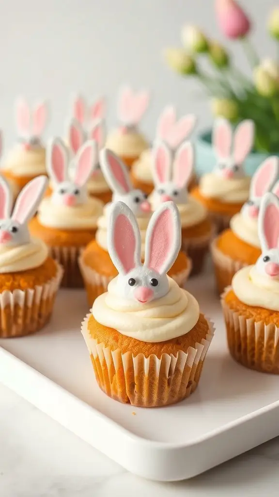 Mini carrot cake cupcakes decorated with bunny toppers