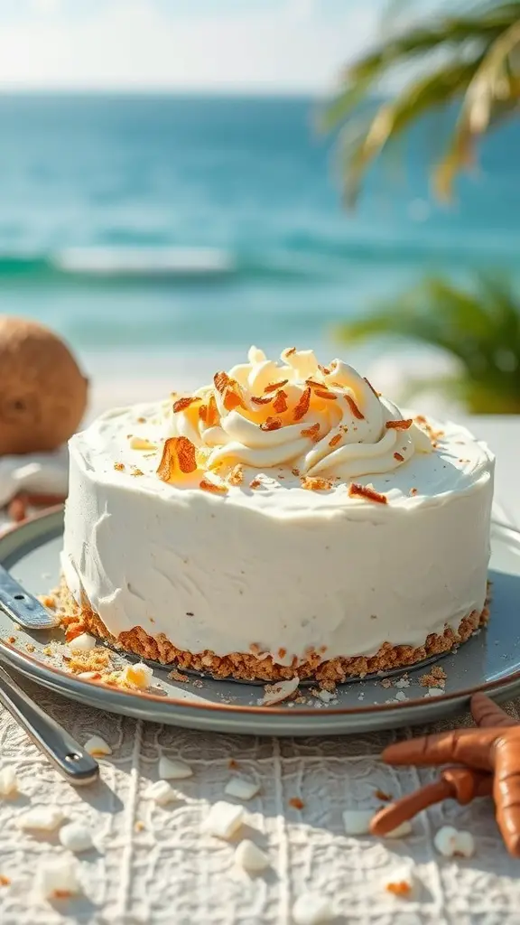 A Coconut Cream Poke Cake topped with toasted coconut, set against a beach background.