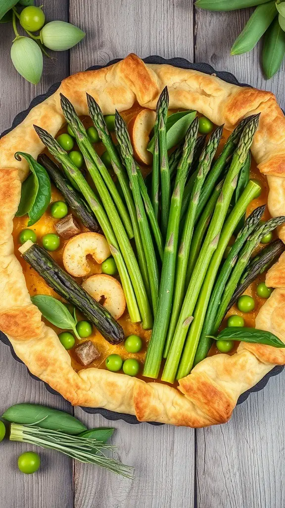 A colorful spring vegetable tart with asparagus, green peas, and a flaky crust.