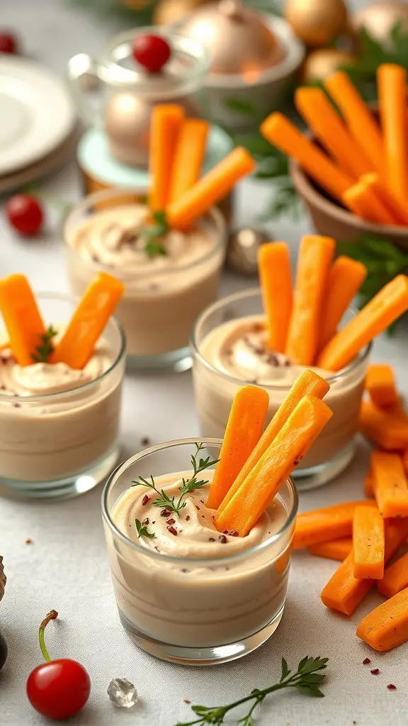 Carrot sticks in hummus cups, garnished with herbs and spices