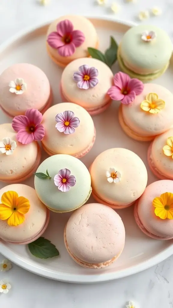 A plate of colorful floral vanilla bean macarons topped with edible flowers.