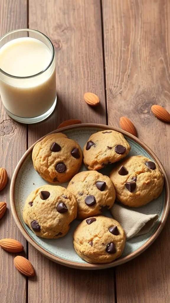 A plate of almond flour chocolate chip cookies with a glass of milk