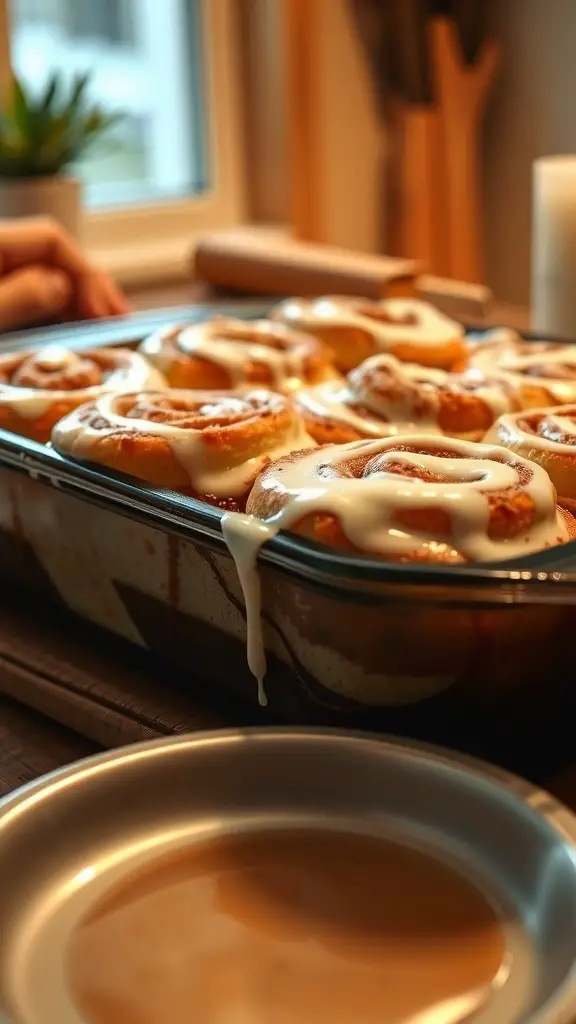 A close-up of a cinnamon roll casserole topped with icing, ready to be served.